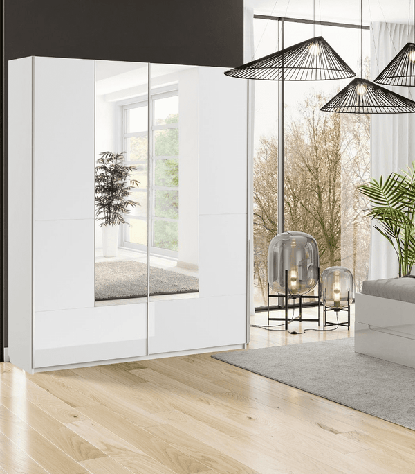 Santino White Gloss Sliding Door Wardrobe with Mirrored Door – Modern Bedroom Storage, 164cm