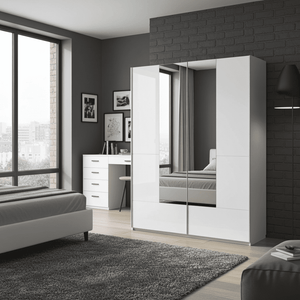 Santino White Gloss Sliding Door Wardrobe with Mirrored Door, 2 Doors, 4 Shelves & Hanging Rails, Modern Bedroom Storage, 164cm W x 216cm H x 40cm D - My Store