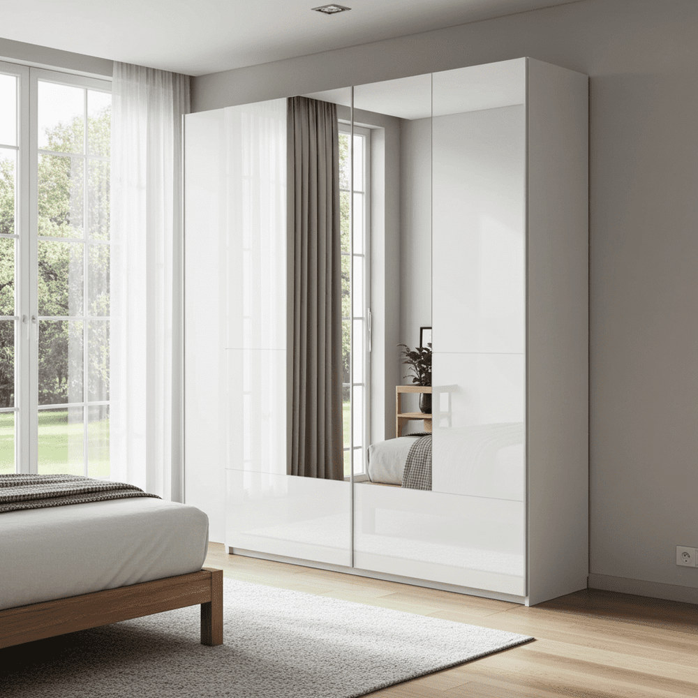 Santino White Gloss Sliding Door Wardrobe with Mirrored Door, 2 Doors, 4 Shelves & Hanging Rails, Modern Bedroom Storage, 164cm W x 216cm H x 40cm D - My Store