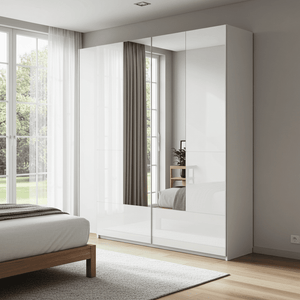 Santino White Gloss Sliding Door Wardrobe with Mirrored Door, 2 Doors, 4 Shelves & Hanging Rails, Modern Bedroom Storage, 164cm W x 216cm H x 40cm D - My Store