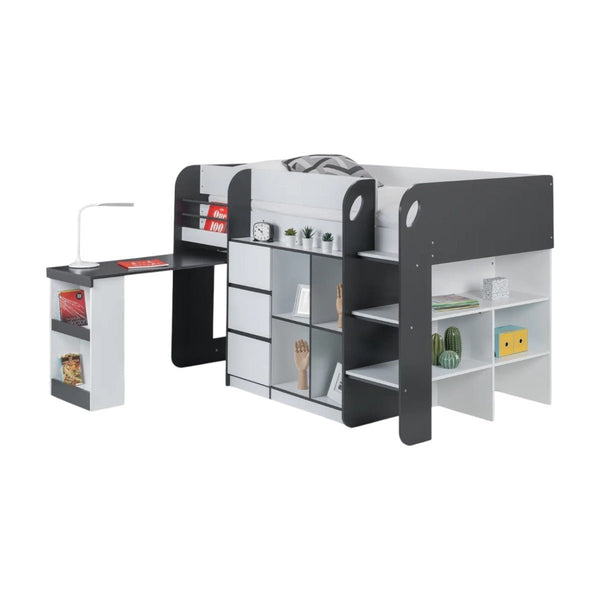 Saturn Charcoal Grey & White Wooden Mid Sleeper Bed with Storage, Bookcase & 3 Drawer Chest – UK Single - Sleek Furniture
