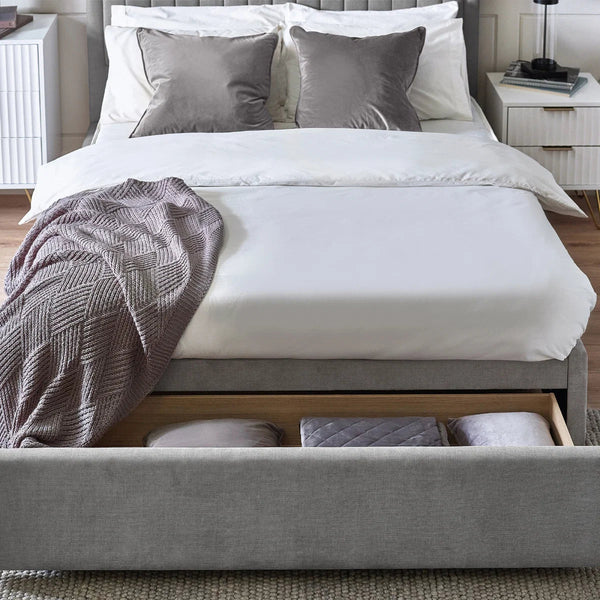 Savannah Grey Velvet Ottoman Storage Bed with Fluted Headboard - Sleek Furniture