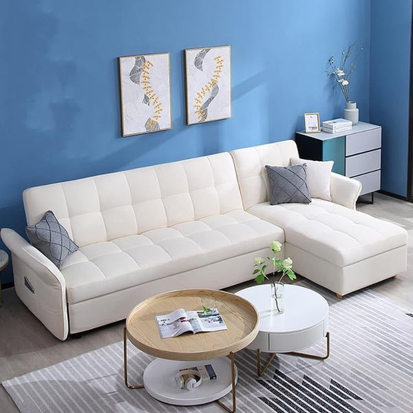 SB162 3 Seater Corner Sofa Bed Pull Out Bed – Modern White Linen Convertible Sofa Bed with High-Density Foam, Space-Saving Fold Out Settee for Living Room & Guest Room - Sleek Furniture