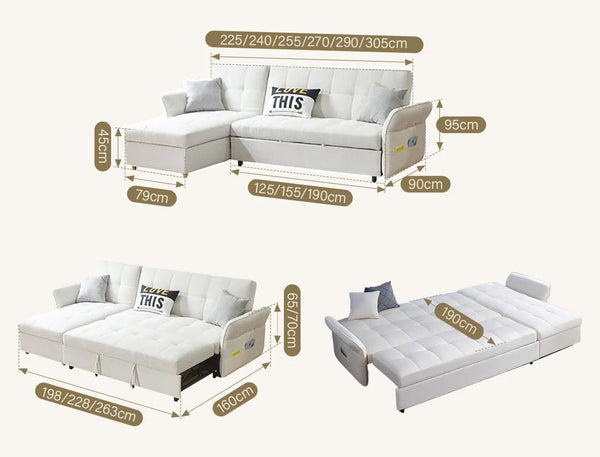 SB162 3 Seater Corner Sofa Bed Pull Out Bed – Modern White Linen Convertible Sofa Bed with High-Density Foam, Space-Saving Fold Out Settee for Living Room & Guest Room - Sleek Furniture