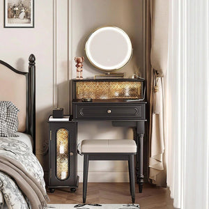 Scarlett Dressing Table Set with LED Mirror, Side Storage Cabinet & Stool – Modern Vanity Unit with Glass Top (Walnut & Black Finish) - Sleek Furniture
