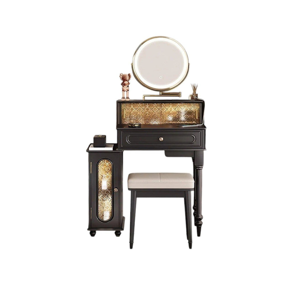 Scarlett Dressing Table Set with LED Mirror, Side Storage Cabinet & Stool – Modern Vanity Unit with Glass Top (Walnut & Black Finish) - Sleek Furniture