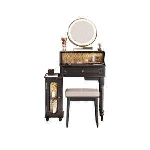 Scarlett Dressing Table Set with LED Mirror, Side Storage Cabinet & Stool – Modern Vanity Unit with Glass Top (Walnut & Black Finish) - Sleek Furniture