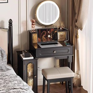 Scarlett Dressing Table Set with LED Mirror, Side Storage Cabinet & Stool – Modern Vanity Unit with Glass Top (Walnut & Black Finish) - Sleek Furniture