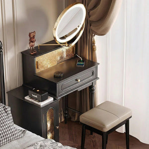 Scarlett Dressing Table Set with LED Mirror, Side Storage Cabinet & Stool – Modern Vanity Unit with Glass Top (Walnut & Black Finish) - Sleek Furniture