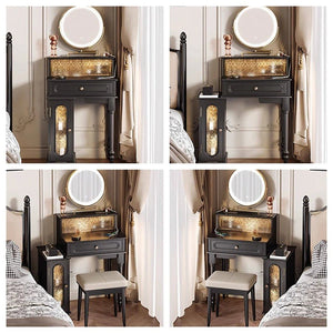 Scarlett Dressing Table Set with LED Mirror, Side Storage Cabinet & Stool – Modern Vanity Unit with Glass Top (Walnut & Black Finish) - Sleek Furniture
