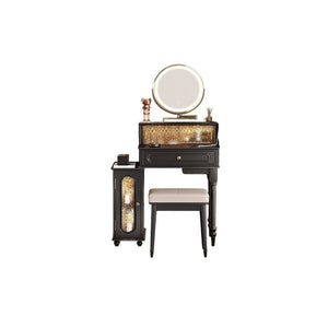 Scarlett Dressing Table with Side Cabinet, LED Mirror & Stool – Modern Vanity Makeup Table with Tempered Glass Top, Storage Drawers & Padded Seat, Walnut/Black - Sleek Furniture