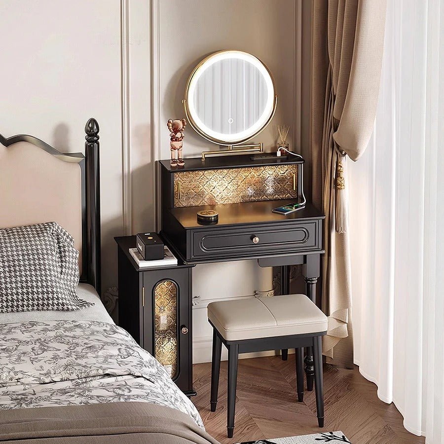 Scarlett Dressing Table with Side Cabinet, LED Mirror & Stool – Modern Vanity Makeup Table with Tempered Glass Top, Storage Drawers & Padded Seat, Walnut/Black - Sleek Furniture