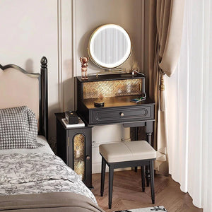 Scarlett Dressing Table with Side Cabinet, LED Mirror & Stool – Modern Vanity Makeup Table with Tempered Glass Top, Storage Drawers & Padded Seat, Walnut/Black - Sleek Furniture