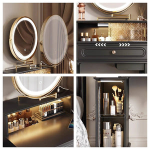 Scarlett Dressing Table with Side Cabinet, LED Mirror & Stool – Modern Vanity Makeup Table with Tempered Glass Top, Storage Drawers & Padded Seat, Walnut/Black - Sleek Furniture