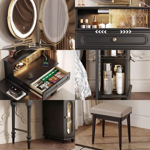 Scarlett Dressing Table with Side Cabinet, LED Mirror & Stool – Modern Vanity Makeup Table with Tempered Glass Top, Storage Drawers & Padded Seat, Walnut/Black - Sleek Furniture