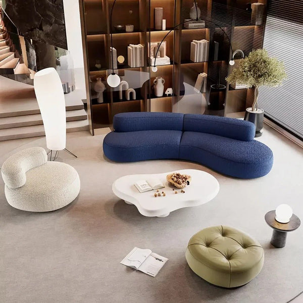 Selim 3-Seater Curved Modular Sofa – Luxury Bouclé Upholstered Contemporary Sofa in Blue | Modern Living Room Lounge Couch - Sleek Furniture