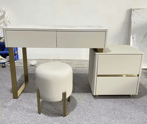 Serenique LED Dressing Table with Mirror – Light Grey Vanity Table with Removable Mirror, Stainless Steel & Sintered Stone Finish for Bedroom Styling - Sleek Furniture