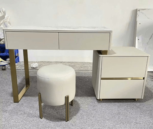 Serenique LED Dressing Table with Mirror – Light Grey Vanity Table with Removable Mirror, Stainless Steel & Sintered Stone Finish for Bedroom Styling - Sleek Furniture