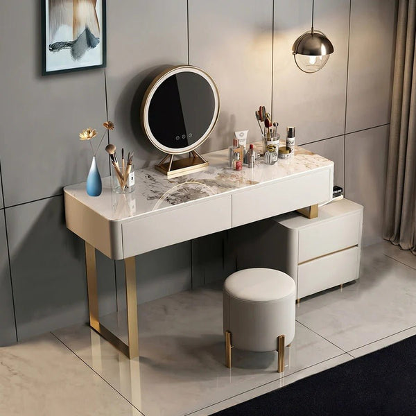 Serenique LED Dressing Table with Mirror – Light Grey Vanity Table with Removable Mirror, Stainless Steel & Sintered Stone Finish for Bedroom Styling - Sleek Furniture