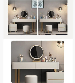 Serenique LED Dressing Table with Mirror – Light Grey Vanity Table with Removable Mirror, Stainless Steel & Sintered Stone Finish for Bedroom Styling - Sleek Furniture