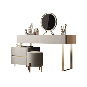 Serenique LED Dressing Table with Mirror – Light Grey Vanity Table with Removable Mirror, Stainless Steel & Sintered Stone Finish for Bedroom Styling - Sleek Furniture