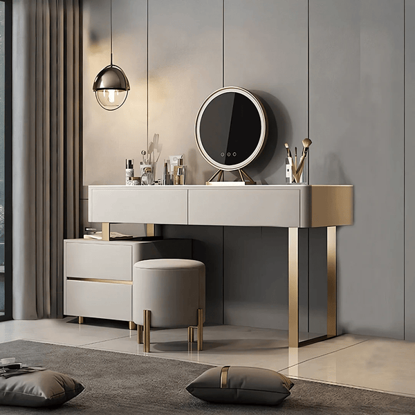 Serenique LED Dressing Table with Mirror – Light Grey Vanity Table with Removable Mirror, Stainless Steel & Sintered Stone Finish for Bedroom Styling - Sleek Furniture