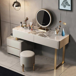 Serenique LED Dressing Table with Mirror – Light Grey Vanity Table with Removable Mirror, Stainless Steel & Sintered Stone Finish for Bedroom Styling - Sleek Furniture