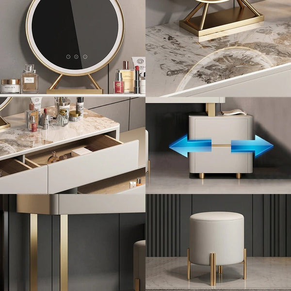 Serenique LED Dressing Table with Mirror – Light Grey Vanity Table with Removable Mirror, Stainless Steel & Sintered Stone Finish for Bedroom Styling - Sleek Furniture