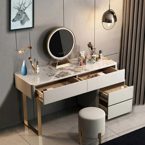 Serenique LED Dressing Table with Mirror – Light Grey Vanity Table with Removable Mirror, Stainless Steel & Sintered Stone Finish for Bedroom Styling - Sleek Furniture