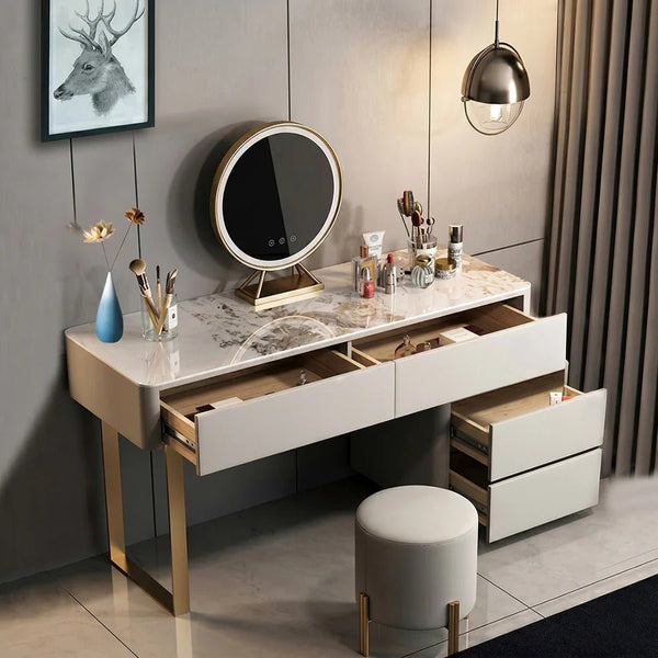 Serenique LED Dressing Table with Mirror – Light Grey Vanity Table with Removable Mirror, Stainless Steel & Sintered Stone Finish for Bedroom Styling - Sleek Furniture