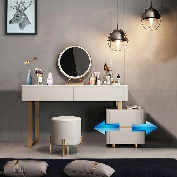 Serenique LED Dressing Table with Mirror – Light Grey Vanity Table with Removable Mirror, Stainless Steel & Sintered Stone Finish for Bedroom Styling - Sleek Furniture