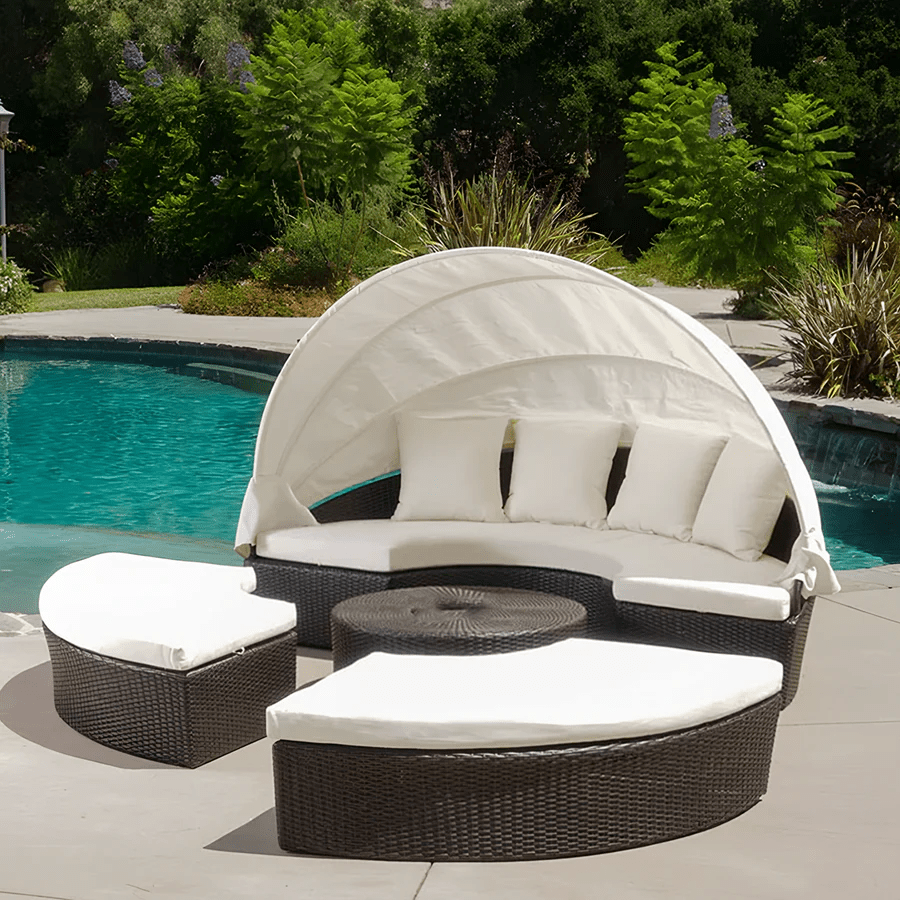 Shelly Outdoor Rattan Sectional Sofa Set with Daybed Sunbed, Patio Garden Lounge Seating, Aluminium Frame, Cushioned Modular Outdoor Furniture - Sleek Furniture