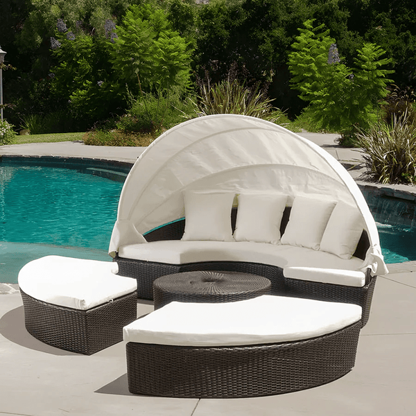 Shelly Outdoor Rattan Sectional Sofa Set with Daybed Sunbed, Patio Garden Lounge Seating, Aluminium Frame, Cushioned Modular Outdoor Furniture - Sleek Furniture