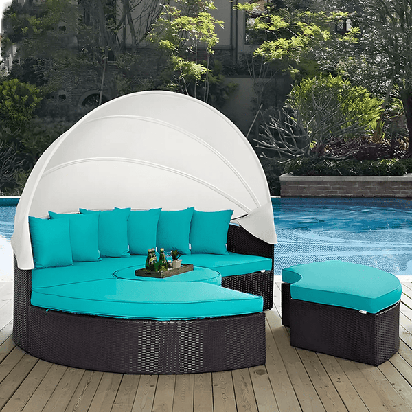 Shelly Outdoor Rattan Sectional Sofa Set with Daybed Sunbed, Patio Garden Lounge Seating, Aluminium Frame, Cushioned Modular Outdoor Furniture - Sleek Furniture