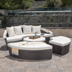 Shelly Outdoor Rattan Sectional Sofa Set with Daybed Sunbed, Patio Garden Lounge Seating, Aluminium Frame, Cushioned Modular Outdoor Furniture - Sleek Furniture