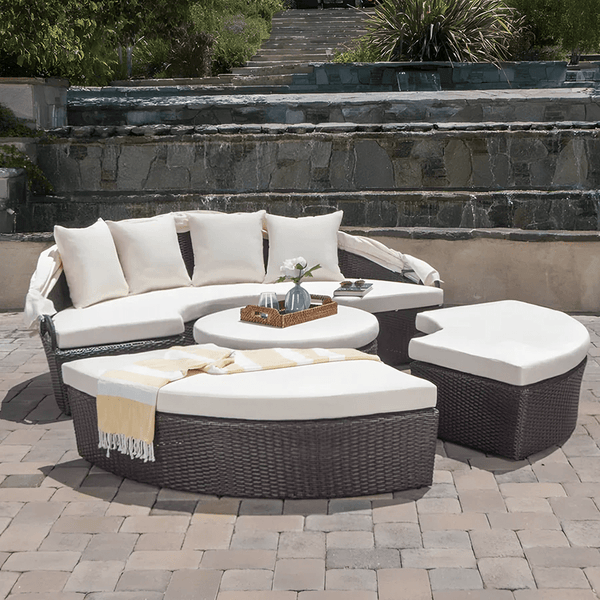 Shelly Outdoor Rattan Sectional Sofa Set with Daybed Sunbed, Patio Garden Lounge Seating, Aluminium Frame, Cushioned Modular Outdoor Furniture - Sleek Furniture