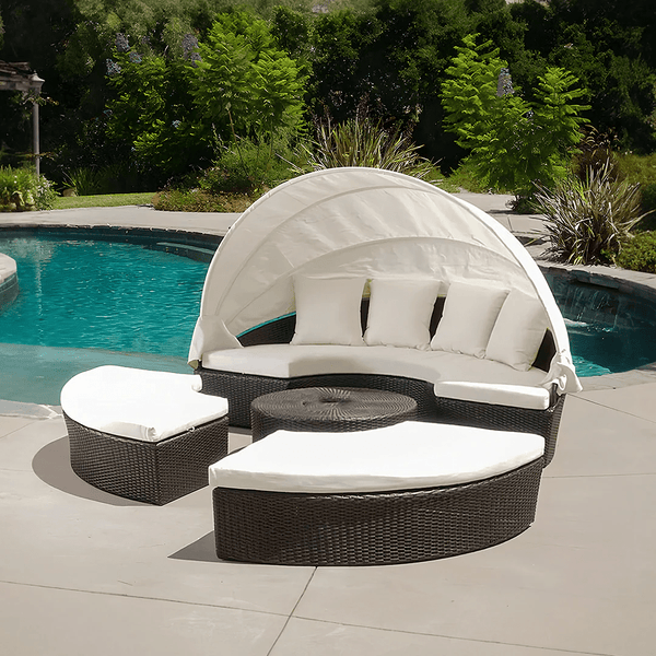 Shelly Outdoor Rattan Sectional Sofa Set with Daybed Sunbed, Patio Garden Lounge Seating, Aluminium Frame, Cushioned Modular Outdoor Furniture - Sleek Furniture