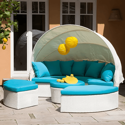 Shelly Outdoor Rattan Sectional Sofa Set with Daybed Sunbed, Patio Garden Lounge Seating, Aluminium Frame, Cushioned Modular Outdoor Furniture - Sleek Furniture