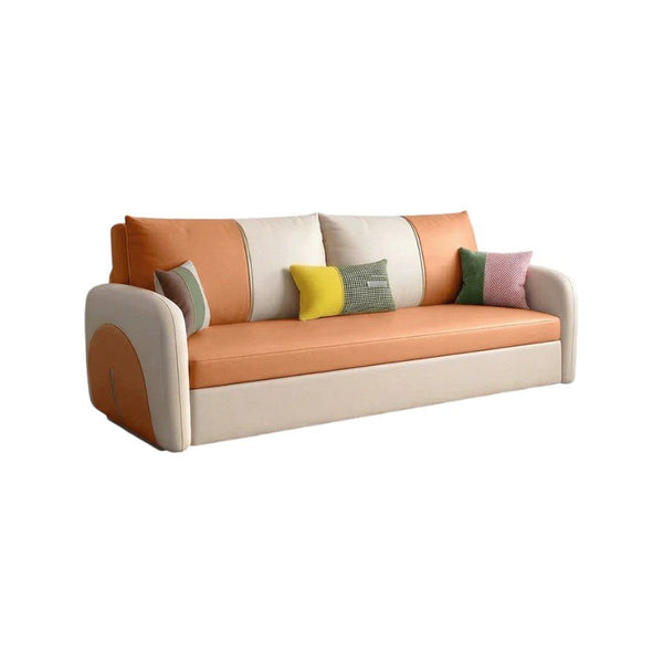 Sibyl Two Seater Sofa Bed – Modern Convertible Pull-Out Sofa Bed with High Density Sponge Cushion, Leathaire Upholstery, Metal Frame, Orange & Beige Compact Sofa Bed for Living Room or Guest Room - Sleek Furniture