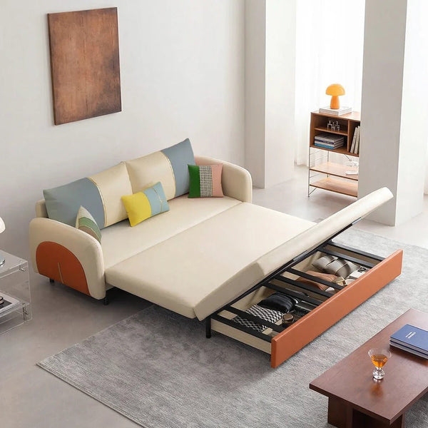 Sibyl Two Seater Sofa Bed – Modern Convertible Pull-Out Sofa Bed with High Density Sponge Cushion, Leathaire Upholstery, Metal Frame, Orange & Beige Compact Sofa Bed for Living Room or Guest Room - Sleek Furniture