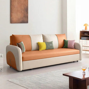 Sibyl Two Seater Sofa Bed – Modern Convertible Pull-Out Sofa Bed with High Density Sponge Cushion, Leathaire Upholstery, Metal Frame, Orange & Beige Compact Sofa Bed for Living Room or Guest Room - Sleek Furniture