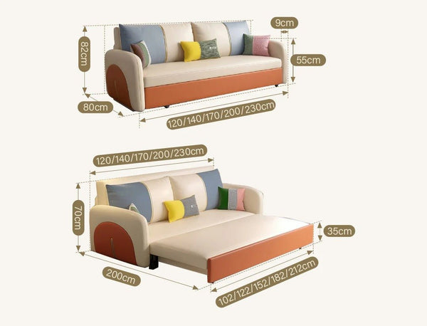 Sibyl Two Seater Sofa Bed – Modern Convertible Pull-Out Sofa Bed with High Density Sponge Cushion, Leathaire Upholstery, Metal Frame, Orange & Beige Compact Sofa Bed for Living Room or Guest Room - Sleek Furniture