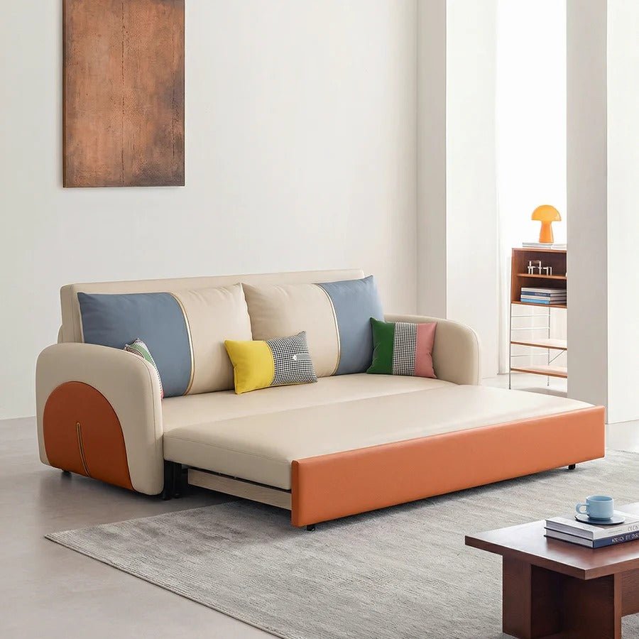 Sibyl Two Seater Sofa Bed – Modern Convertible Pull-Out Sofa Bed with High Density Sponge Cushion, Leathaire Upholstery, Metal Frame, Orange & Beige Compact Sofa Bed for Living Room or Guest Room - Sleek Furniture