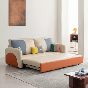Sibyl Two Seater Sofa Bed – Modern Convertible Pull-Out Sofa Bed with High Density Sponge Cushion, Leathaire Upholstery, Metal Frame, Orange & Beige Compact Sofa Bed for Living Room or Guest Room - Sleek Furniture
