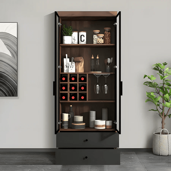 Silen Cocktail Drinks Cabinet, Wooden Wine & Liquor Storage Unit with Glass Doors, Modern Bar Cabinet in Walnut Finish (No LED Lights) - Sleek Furniture
