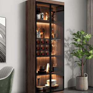 Silen Cocktail Drinks Cabinet, Wooden Wine & Liquor Storage Unit with Glass Doors, Modern Bar Cabinet in Walnut Finish (No LED Lights) - Sleek Furniture