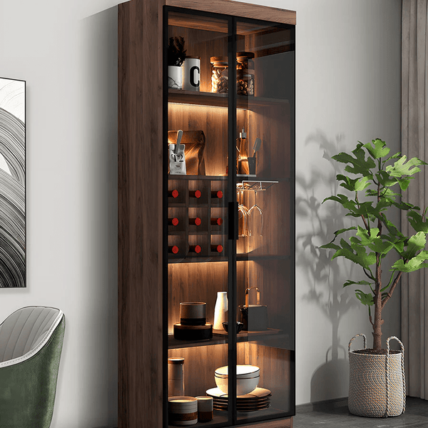 Silen Cocktail Drinks Cabinet, Wooden Wine & Liquor Storage Unit with Glass Doors, Modern Bar Cabinet in Walnut Finish (No LED Lights) - Sleek Furniture