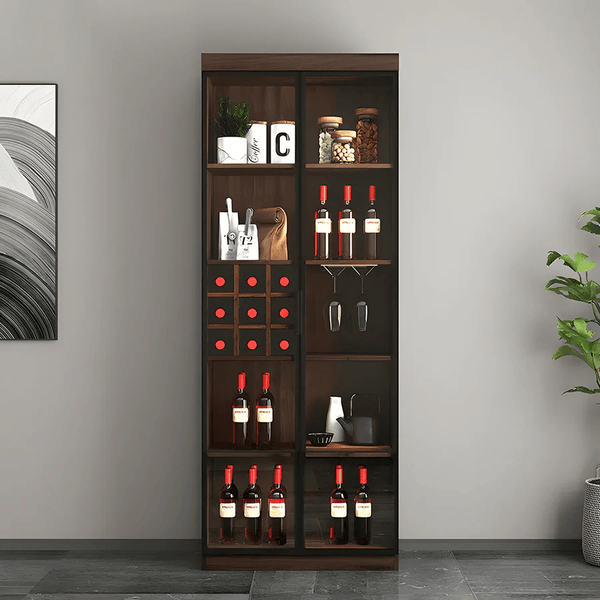 Silen Cocktail Drinks Cabinet, Wooden Wine & Liquor Storage Unit with Glass Doors, Modern Bar Cabinet in Walnut Finish (No LED Lights) - Sleek Furniture