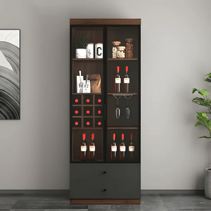Silen Cocktail Drinks Cabinet, Wooden Wine & Liquor Storage Unit with Glass Doors, Modern Bar Cabinet in Walnut Finish (No LED Lights) - Sleek Furniture