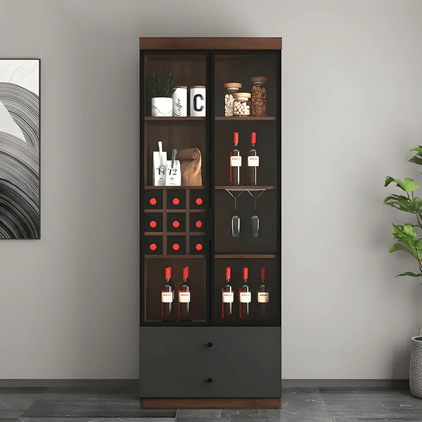 Silen Cocktail Drinks Cabinet, Wooden Wine & Liquor Storage Unit with Glass Doors, Modern Bar Cabinet in Walnut Finish (No LED Lights) - Sleek Furniture